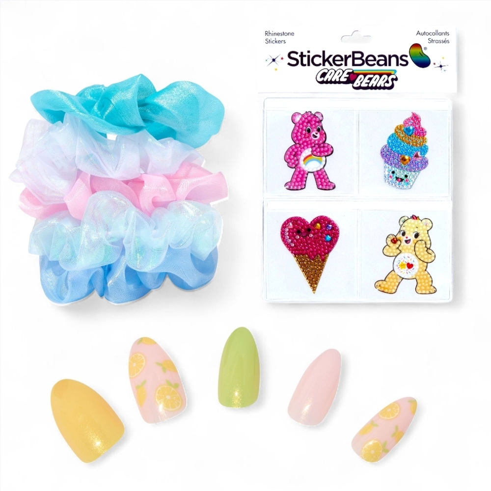 Claire’s Accessory Set: Lemon Faux Nails, Care Bears StickerBeans & 5 Scrunchies